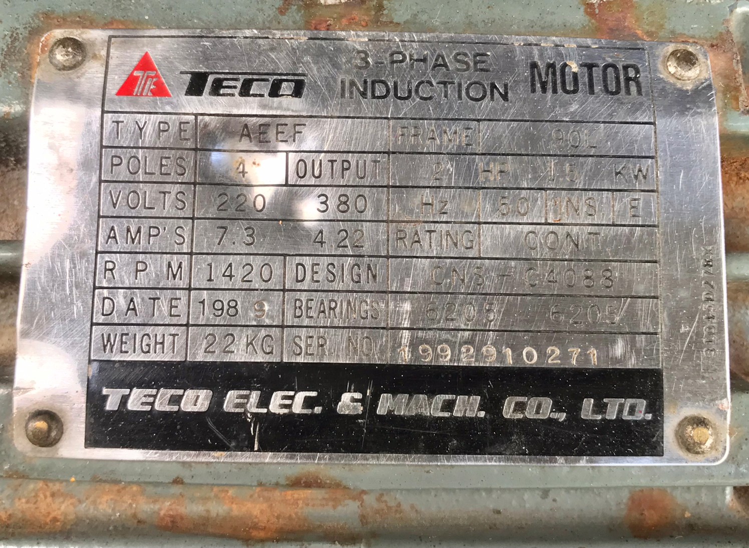 มอเตอร์ ยี่ห้อ TECO ขนาด 2 แรง ใช้ไฟสามเฟส 220/380v ความเร็วรอบ 1420 rpm เดิมๆ หมุนนิ่ม สภาพดี ราคา 