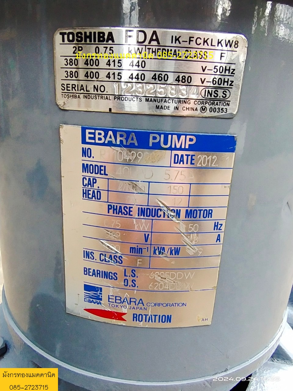 ปั๊มน้ำ EBARA ขนาด 1 แรง ใช้ไฟสามเฟส 380V ท่อน้ำเข้าออก 1.5 นิ้ว ส่งสูง 12 เมตร ปริมาณน้ำ 150 ลิตรต่อนาที เปลี่ยนแมคคานิคอลซีลให้ใหม่ มอเตอร์เดิมๆ สภาพดี  ราคา 3,900 บาทไม่รวมส่งค่ะ