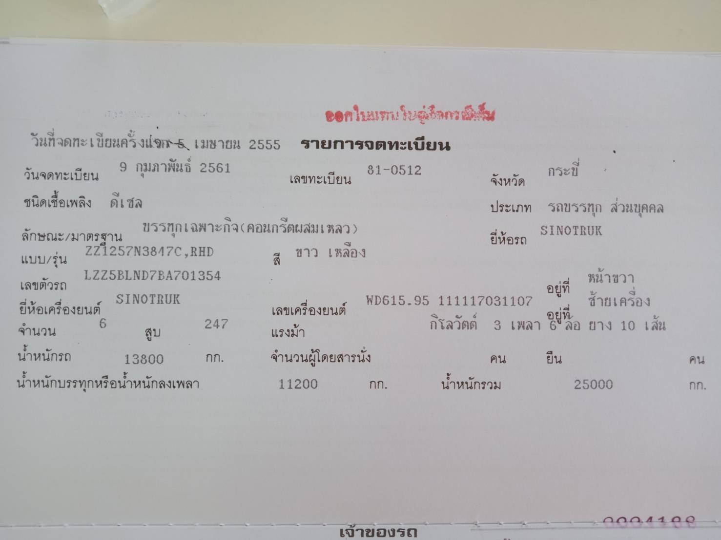 10ล้อโม่ปูนไซโนทรัคปี55 พร้อมเล่มทะเบียน