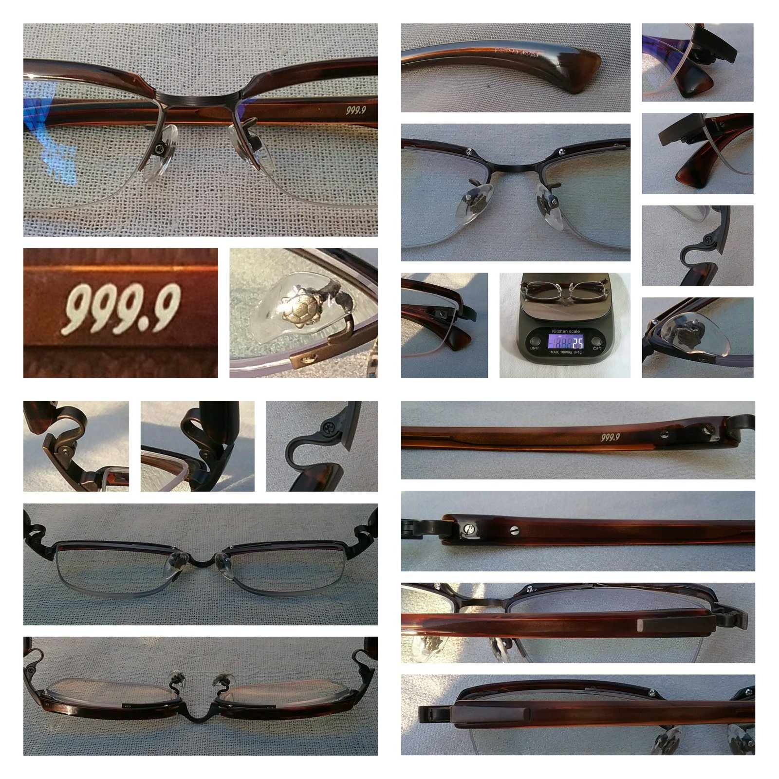 แว่นสายตาแฮนด์คราฟท์ชั้นสูงของญี่ปุ่น โฟร์นายส์-999.9 ตัวแท้ สภาพเทพ เก่าเก็บทศวรรษ 2010 กรอบอะซีเทเนียม(ไททาเนียมบริสุทธิ์ + อะซีเทตอนุพันธุ์เส้นใยฝ้าย) บานพับจีอากุ-อาร์ ฮิงก์ ลิขสิทธิ์ของโฟร์นายส์ เลนส์บลูโพรเทคมัลติโค้ท คุณภาพสูง ค่าสายตา +200 น้ำหนัก 25 กรัม ขนาดมาตรฐาน-ฟรีไซซ์ของโมเดลนี้ 143mm
