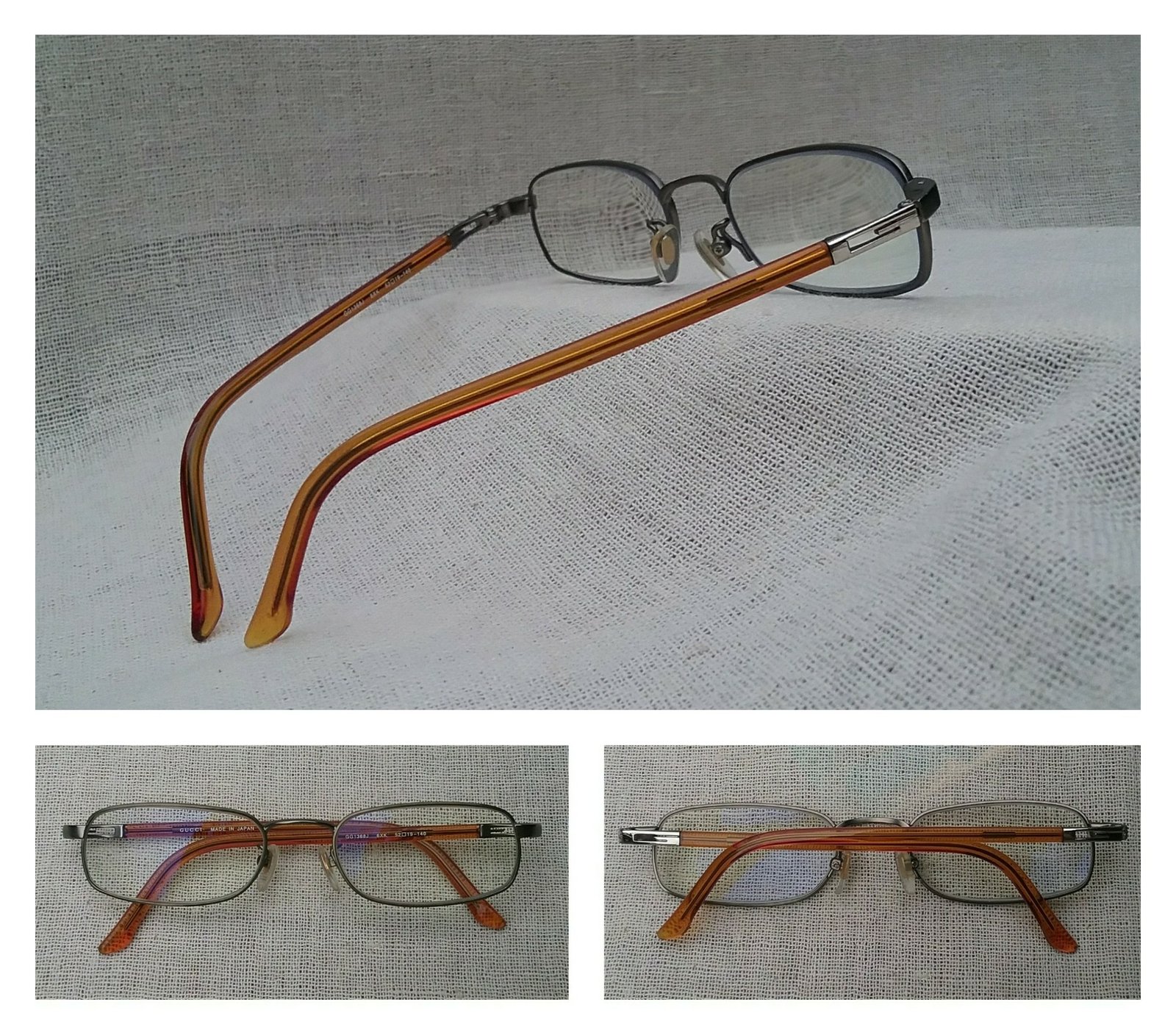 แว่นสายตาลักซ์ชัวรีแบรนด์ชั้นนำของโลก กุชชี-GUCCI ตัวแท้ เก่าเก็บทศวรรษ 2000 กรอบโลหะสีทองด้าน ก้านขา-อะซีเทตอนุพันธุ์เส้นใยฝ้าย-สีอำพัน-โปร่งแสง โมเดลคลาสสิค-สี่เหลี่ยมผืนผ้า-แคบ เลนส์บลูโพรเทคมัลติโค้ท ค่าสายตา +175 ป้องกันแสงสีฟ้าที่อันตรายจากคอมพิวเตอร์ทุกชนิด น้ำหนักเบา 24กรัม ขนาดมาตรฐาน 139mm แว่นสายตาลักซ์ชัวรีแบรนด์ชั้นนำของโลก กุชชี-GUCCI ตัวแท้ เก่าเก็บทศวรรษ 2000 กรอบโลหะสีทองด้าน ก้านขา-อะซีเทตอนุพันธุ์เส้นใยฝ้าย-สีอำพัน-โปร่งแสง โมเดลคลาสสิค-สี่เหลี่ยมผืนผ้า-แคบ เลนส์บลูโพรเทคมัลติโค้ท ค่าสายตา +175 ป้องกันแสงสีฟ้าที่อันตรายจากคอมพิวเตอร์ทุกชนิด น้ำหนักเบา 24กรัม ขนาดมาตรฐาน 139mm