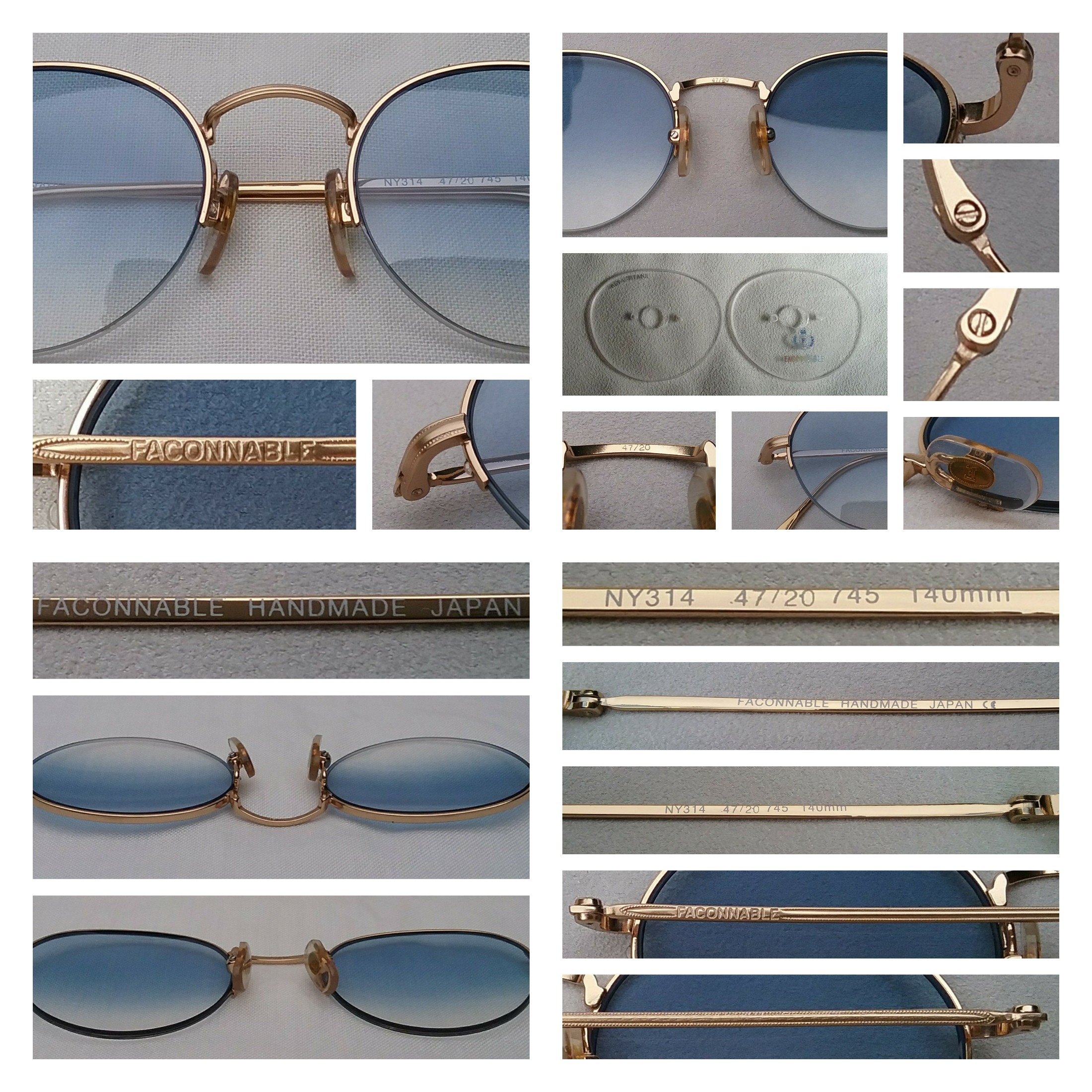 แว่นตาฝรั่งเศส-หยดน้ำ-แพนโต้-จอห์น เลนนอน ฟาซองนาเบิล มือหนึ่ง สต็อกเก่าทศวรรษ 1990 กรอบวัสดุไฮเอนด์-เบต้าไททาเนียมสีทอง น้ำหนักเบา 14กรัม เลนส์โพลีคาร์บอเนทกันแดด สีท้องฟ้าชายทะเล-ไล่ระดับ มองเห็นดวงตาผู้สวมใส่ ขนาดมาตรฐานโมเดลนี้ 129mm ไม่เล็ก-กำลังใส่ Vintage FAÇONNABLE LUNETTES handmade in Japan