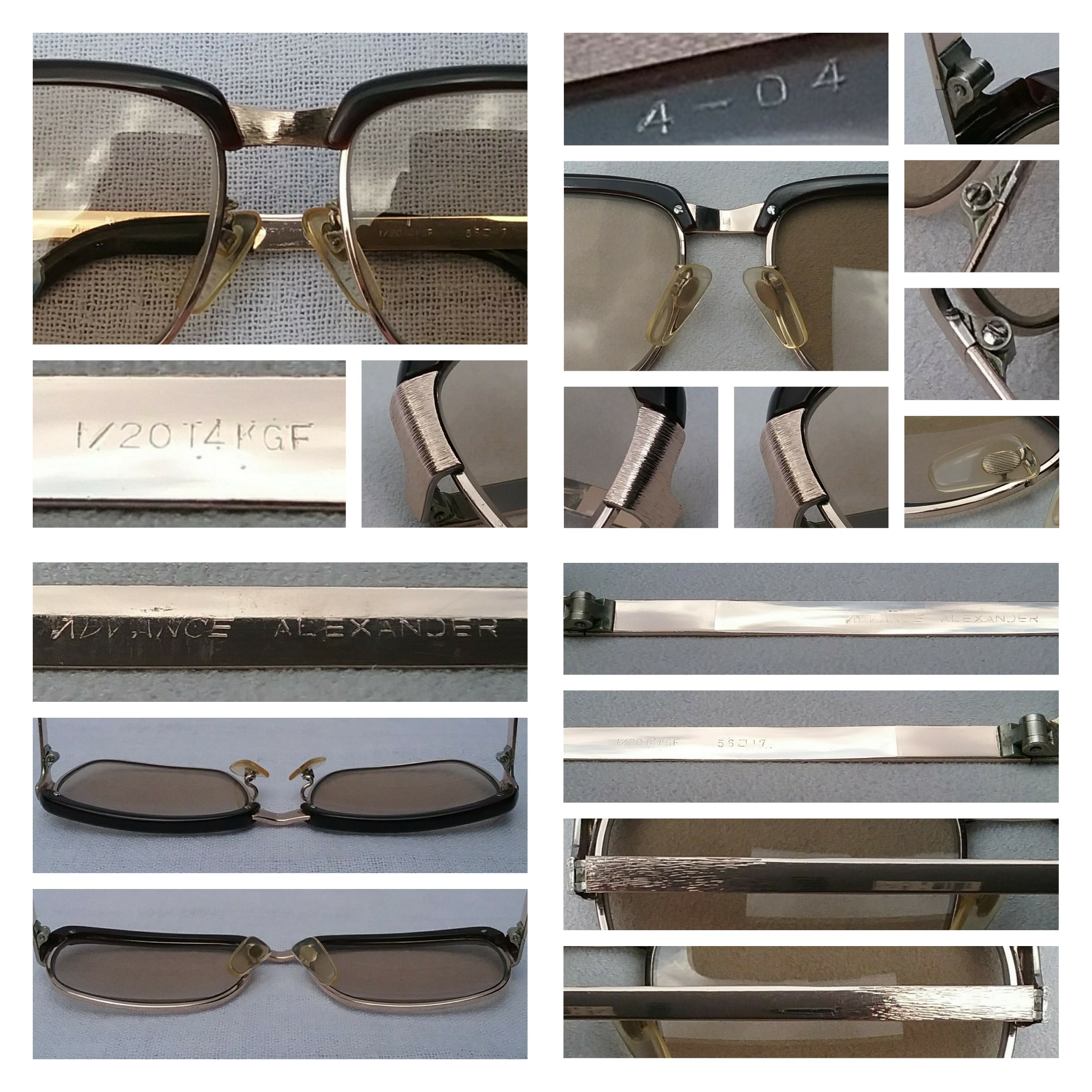 แว่นตาโบรว์ไลน์ศตวรรษที่ 20 แอดวานซ์ รุ่น อเล็กซานเดอร์มหาราช เก่าเก็บทศวรรษ 1960 กรอบทองโกลด์ฟิลด์เดินลาย 14K สัดส่วนทองคำบริสุทธิ์ 58.33 เปอร์เซนต์ เลนส์กระจกคริสตัล สีน้ำตาล–ชา–สว่าง ขนาดมาตรฐานโมเดลนี้ 136mm Vintage ADVANCE handmade in Japan