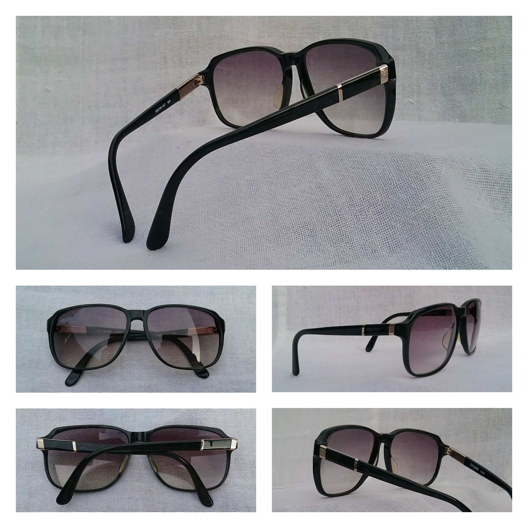 แว่นตาจักรวรรดิแห่งศตวรรษที่ 20 เอมไพร์ เก่าเก็บทศวรรษ 1990 ราคานักศึกษา โมเดลสี่เหลี่ยม-คลาสสิค กรอบอะซีเทต-เกรดพรีเมียม-ลายหินอ่อน-สีทองฟ้ากลางคืน ก้านขาประดับแผ่นทองเดินลาย พิเศษสุด เลนส์โพลีคาร์บอเนต ออริจินัล เอมไพร์ สีเทา-ไล่ระดับ ขนาดมาตรฐาน 143mm Vintage EMPIRE Handmade in Japan