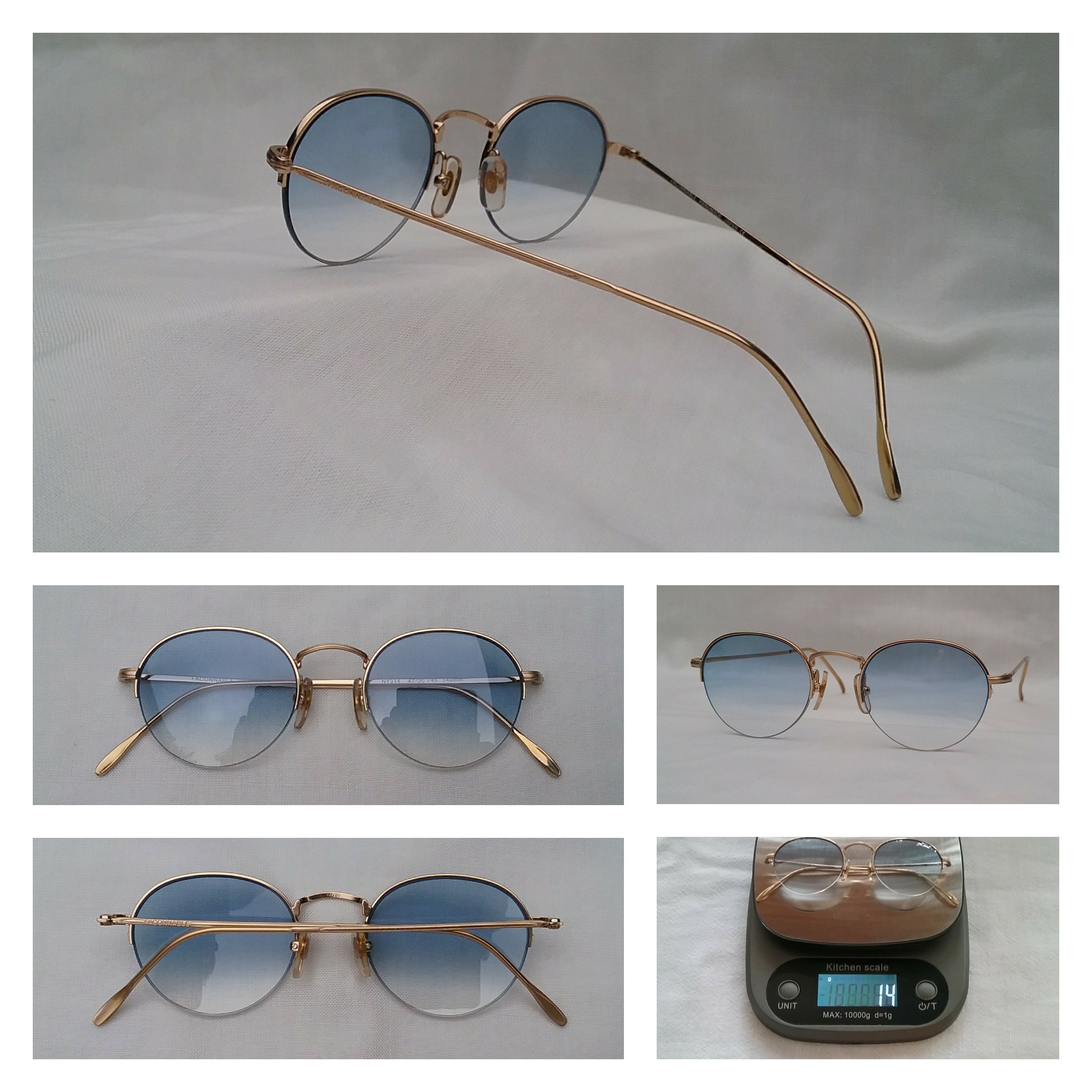 แว่นตาฝรั่งเศส-หยดน้ำ-แพนโต้-จอห์น เลนนอน ฟาซองนาเบิล มือหนึ่ง สต็อกเก่าทศวรรษ 1990 กรอบวัสดุไฮเอนด์-เบต้าไททาเนียมสีทอง น้ำหนักเบา 14กรัม เลนส์โพลีคาร์บอเนทกันแดด สีท้องฟ้าชายทะเล-ไล่ระดับ มองเห็นดวงตาผู้สวมใส่ ขนาดมาตรฐานโมเดลนี้ 129mm ไม่เล็ก-กำลังใส่ Vintage FAÇONNABLE LUNETTES handmade in Japan