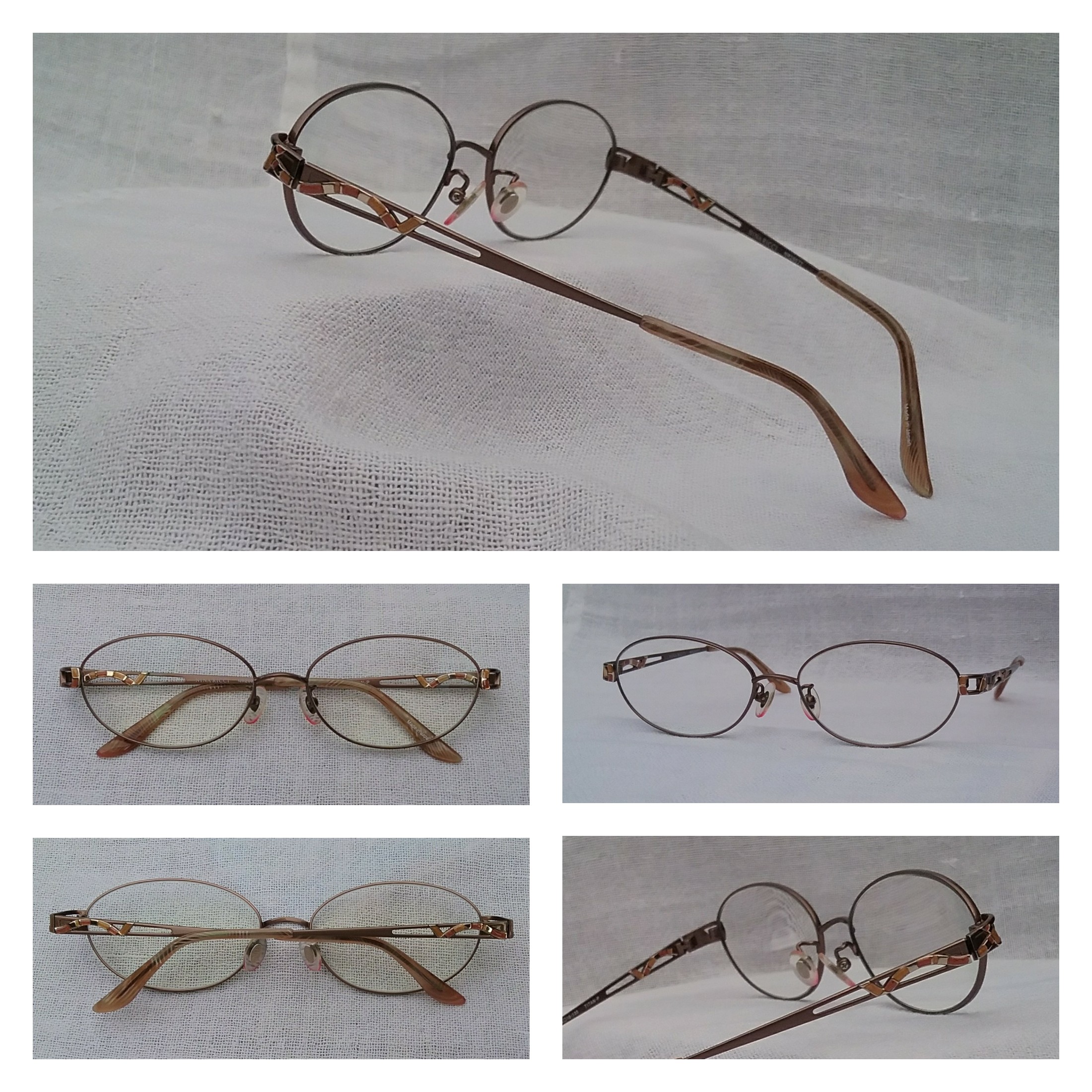 แว่นสายตาลักซ์ชัวรีแบรนด์แถวหน้าของโลก นีนา ริชชี่ มือหนึ่ง สต็อกเก่าฝรั่งเศสทศวรรษ 2000 กรอบวัสดุเกรดพรีเมียม-ไททาเนียมบริสุทธิ์สีทอง เลนส์บลูโพรเทค มัลติโค้ท คุณภาพสูง ค่าสายตาบวก 150 ป้องกันแสงสีฟ้าที่อันตรายจากคอมพิวเตอร์ได้อย่างสมบูรณ์แบบ Authentic NINA RICCI handmade in the 2000s in Japan