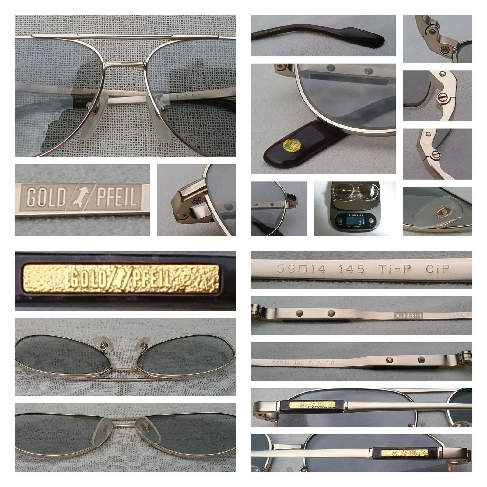 แว่นตาลักซ์ชัวรีแบรนด์เยอรมันสายพันธุ์อ็อฟเฟินบัค โกลด์ฟิว-GOLDPFEIL ตัวแท้ เก่าเก็บทศวรรษ 1990 กรอบไททาเนียมบริสุทธิ์สีทอง โมเดลคลาสสิค-ค็อกพิต-นักบิน-ห้องเครื่องนักบิน เลนส์กระจกคริสตัลญี่ปุ่น หายาก สีท้องฟ้า-สว่าง มองเห็นดวงตาผู้สวมใส่ น้ำหนัก 31 กรัม ขนาดมาตรฐาน 142mm