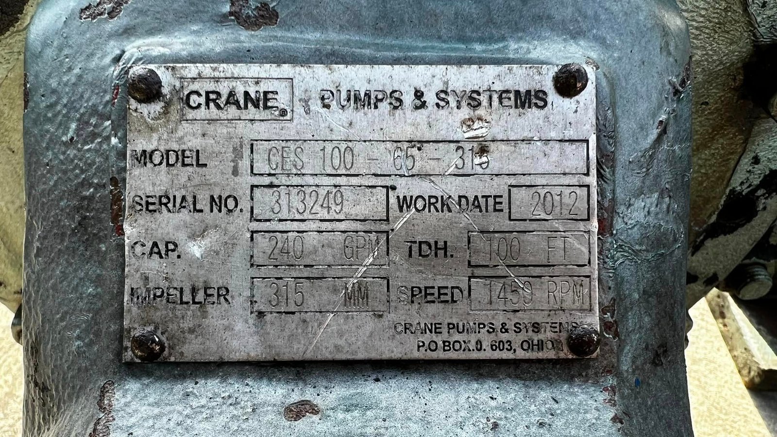 หัวปั้มน้ำหอยโข่ง CRANE PUMP USA แกนและใบพัดสเตนเลส ขนาด 4"- 2.5" / H : 30 m / Q : 55 m3/h เข้ามา 2 