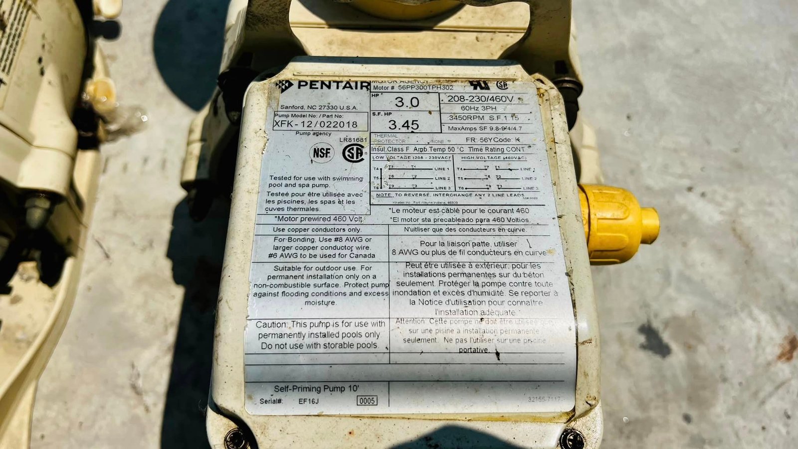 ปั้มสระว่ายน้ำ PENTAIR PUMP USA ขนาด 3 HP ท่อ 3" ระบบไฟ 380V
