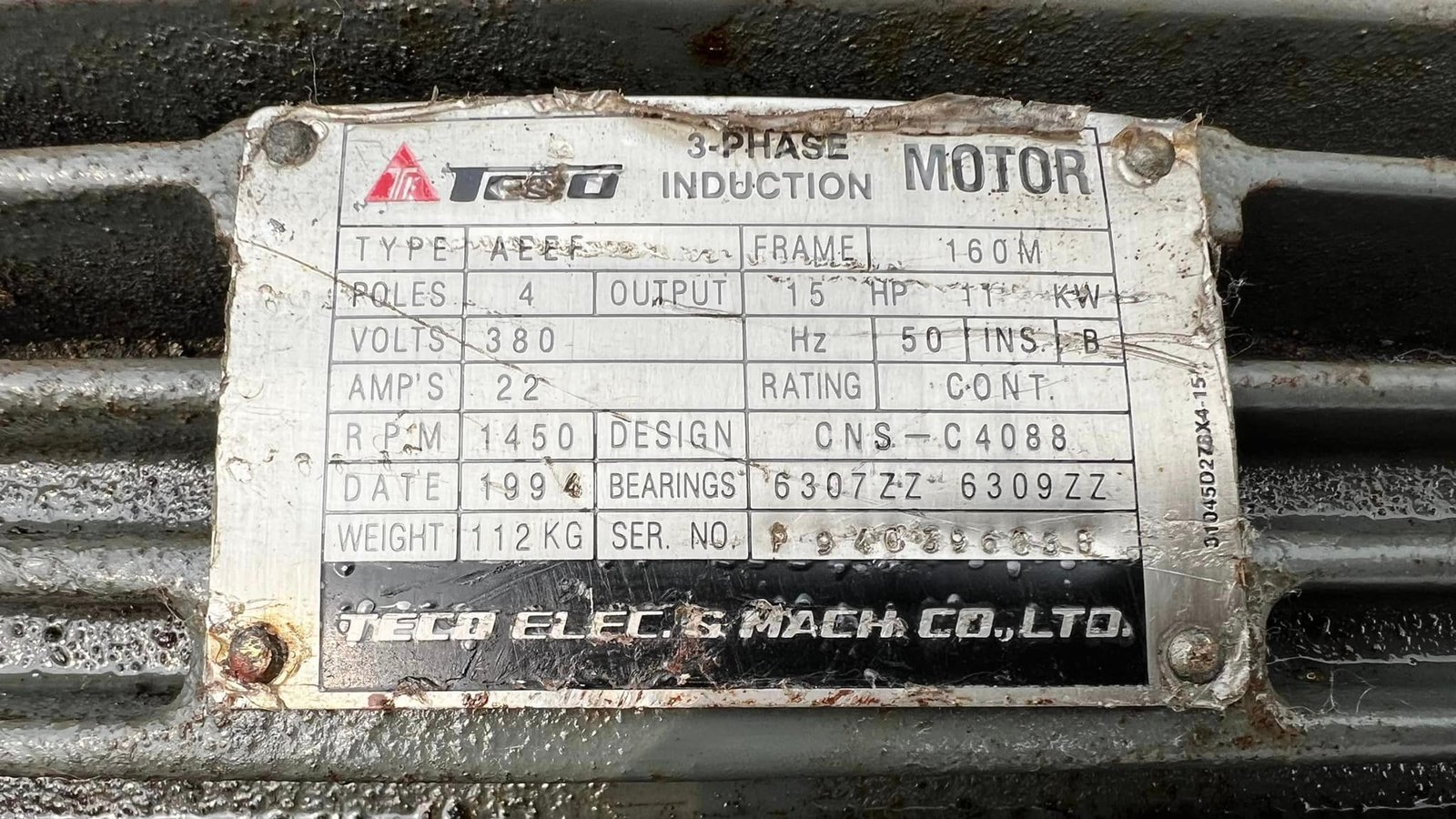 มอเตอร์ไฟฟ้ากำลัง TECO ขนาด 15 HP 1450 RPM 380V