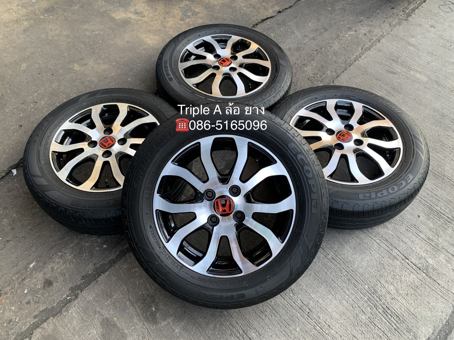 ล้อแม็ก Honda Brio Amaze ขอบ 14 สีดำปัดหน้าเงา พร้อมยาง 175-65-14 Bridgestone ปี 18