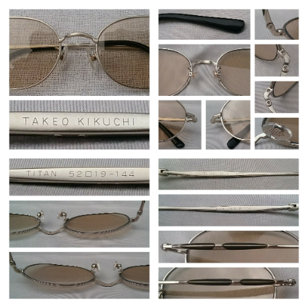 แว่นตาไททาเนียมบริสุทธิ์–ราชสีห์เงิน ทศวรรษ 2000 ผลงานยอดศิลปินนักออกแบบ ทาเคโอะ คิคูจิ ราคานักศึกษา โมเดลคลาสสิค วงรี–จีโอเมตริก เลนส์กระจกคริสตัลกรองแสง หายาก สีน้ำตาล-ชา-สว่าง มองเห็นดวงตาผู้สวมใส่ ขนาดมาตรฐาน 140mm Authentic TAKEO KIKUCHI handmade in Japan