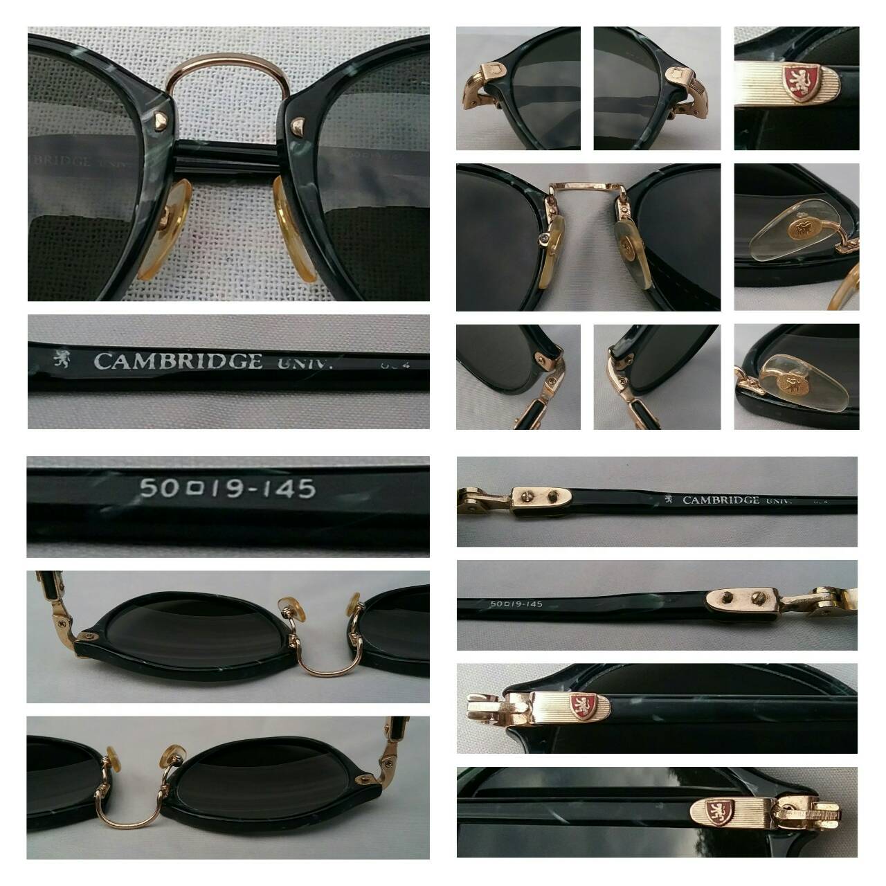 แว่นตาปัญญาชนอังกฤษ 'เคมบริดจ์ ยูนิเวอร์ซิตี้'  วินเทจทศวรรษ 1990's  กรอบคลาสสิค 'อะซีเทต - ลายหินอ่อน'  มุมแว่น และ ก้านขา ประดับงานทองเดินลาย ☆ เลนส์กระจกคริสตัล หายาก 'สีเทาควันไฟ'  Vintage CAMBRIDGE UNIV. handmade in the 1990's in Japan