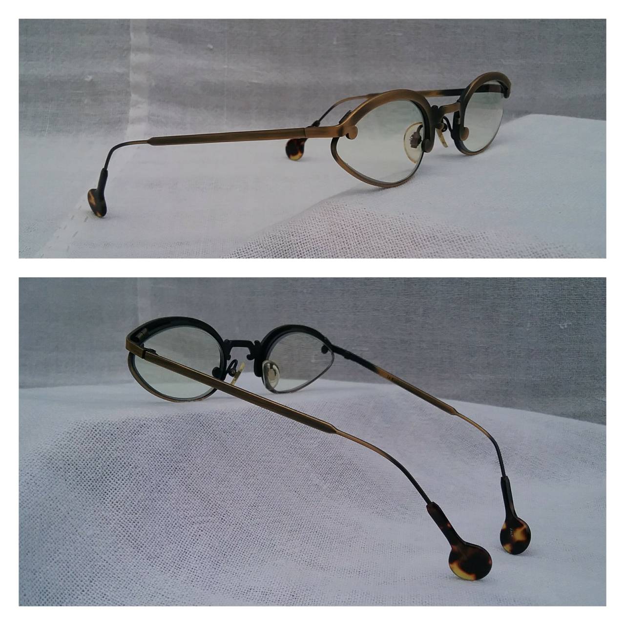 แว่นสายตาอเมริกันสตีมพังก์ แอล เอ อายเวิร์ก ทศวรรษ 1990 ผลงานลิมิเต็ดเอดิชันของช่างฝีมือสายพันธุ์แคลิฟอร์เนียน บาร์บารา แมคเรย์โนลด์ และ เก เกราร์ดี  กรอบงานทองรมดำ โบนัสพิเศษ เลนส์บลูโพรเทคมัลติโค้ท ค่าสายตายาวบวก 175 ป้องกันแสงสีฟ้าที่อันตรายได้สมบูรณ์แบบ Vintage L.A. EYEWORKS handcrafted in Italy