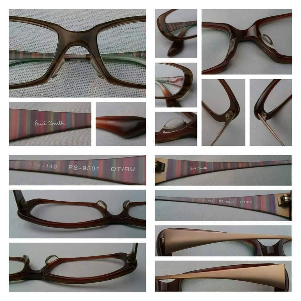 แว่นสายตาระดับ ไฮ - เอนด์ สายพันธุ์ลอนเดินเนอร์  สุดยอดวัสดุ กรอบ 'อะซีเทต - ลายไม้ - อนุพันธุ์เส้นใยฝ้าย' + 'ก้านขาโลหะทองด้าน' *** เลนส์มัลติโค้ทคุณภาพสูง  ใสปิ๊ง !  ค่าสายตา +150  Authentic Paul Smith handmade in Japan