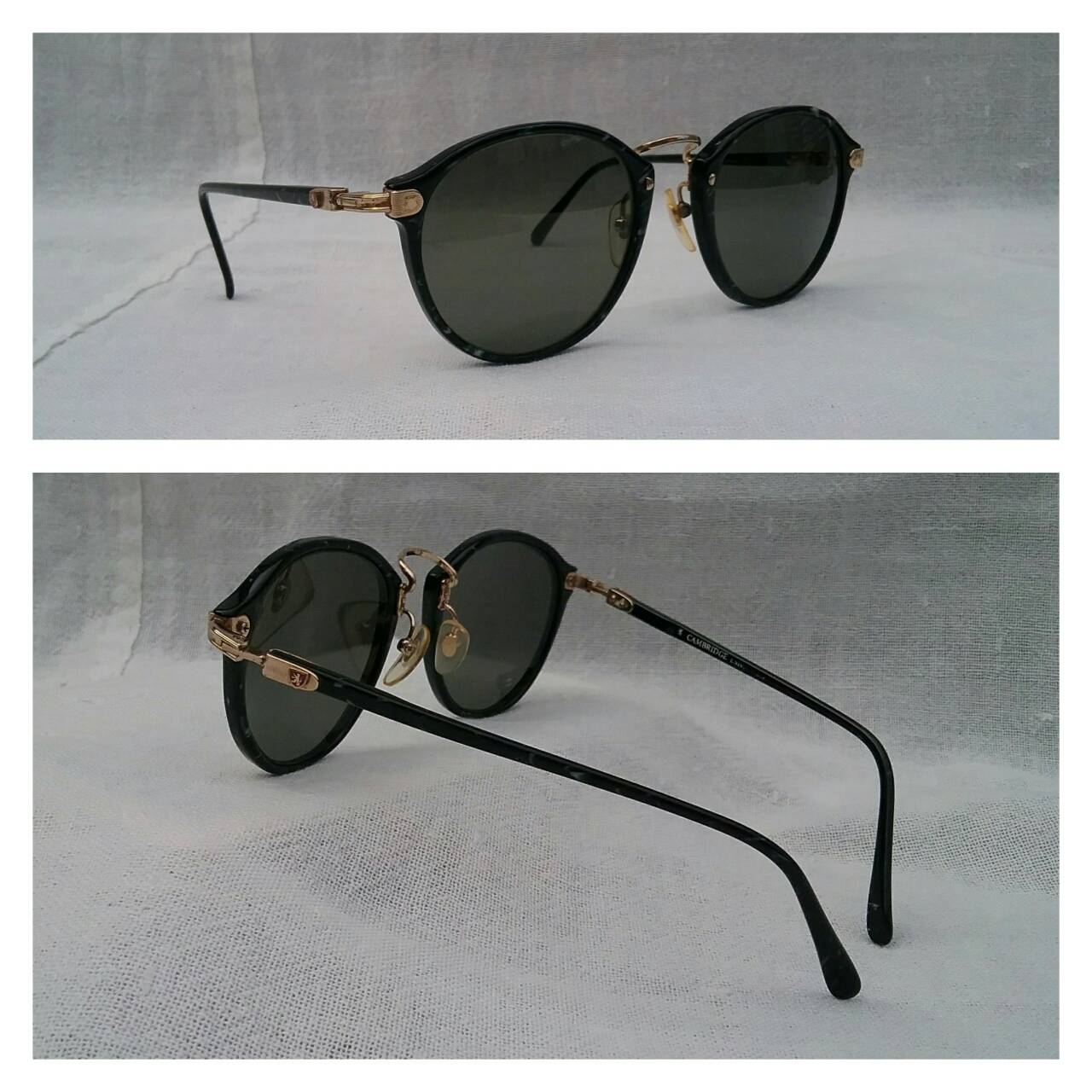 แว่นตาปัญญาชนอังกฤษ 'เคมบริดจ์ ยูนิเวอร์ซิตี้'  วินเทจทศวรรษ 1990's  กรอบคลาสสิค 'อะซีเทต - ลายหินอ่อน'  มุมแว่น และ ก้านขา ประดับงานทองเดินลาย ☆ เลนส์กระจกคริสตัล หายาก 'สีเทาควันไฟ'  Vintage CAMBRIDGE UNIV. handmade in the 1990's in Japan