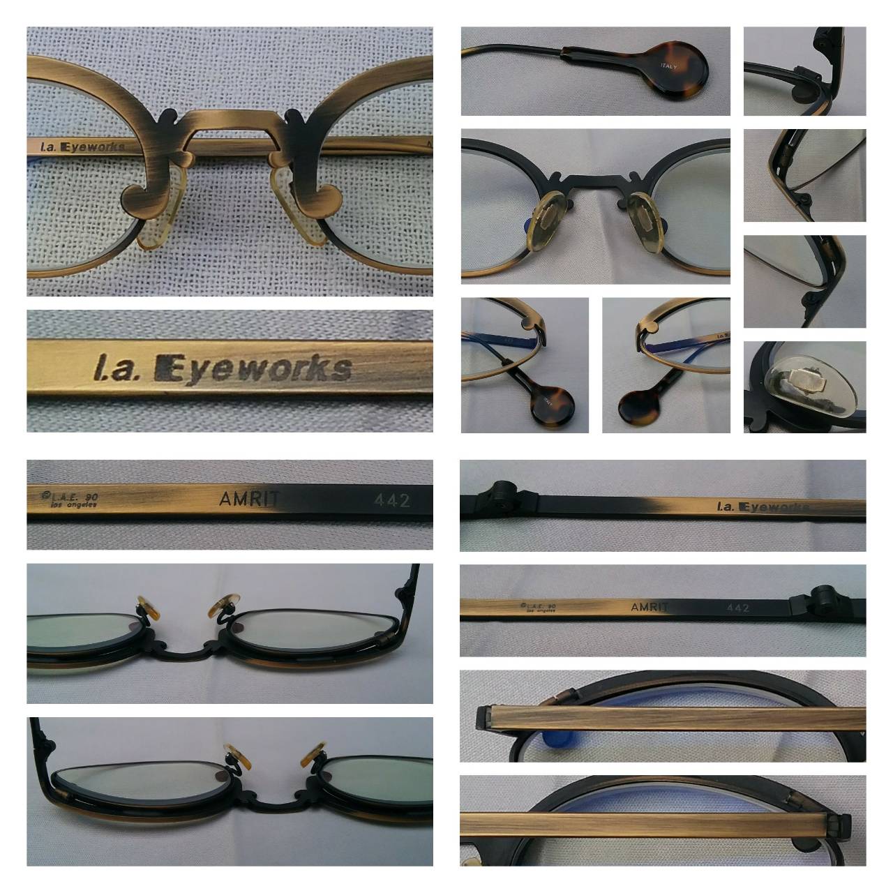 แว่นสายตาอเมริกันสตีมพังก์ แอล เอ อายเวิร์ก ทศวรรษ 1990 ผลงานลิมิเต็ดเอดิชันของช่างฝีมือสายพันธุ์แคลิฟอร์เนียน บาร์บารา แมคเรย์โนลด์ และ เก เกราร์ดี  กรอบงานทองรมดำ โบนัสพิเศษ เลนส์บลูโพรเทคมัลติโค้ท ค่าสายตายาวบวก 175 ป้องกันแสงสีฟ้าที่อันตรายได้สมบูรณ์แบบ Vintage L.A. EYEWORKS handcrafted in Italy