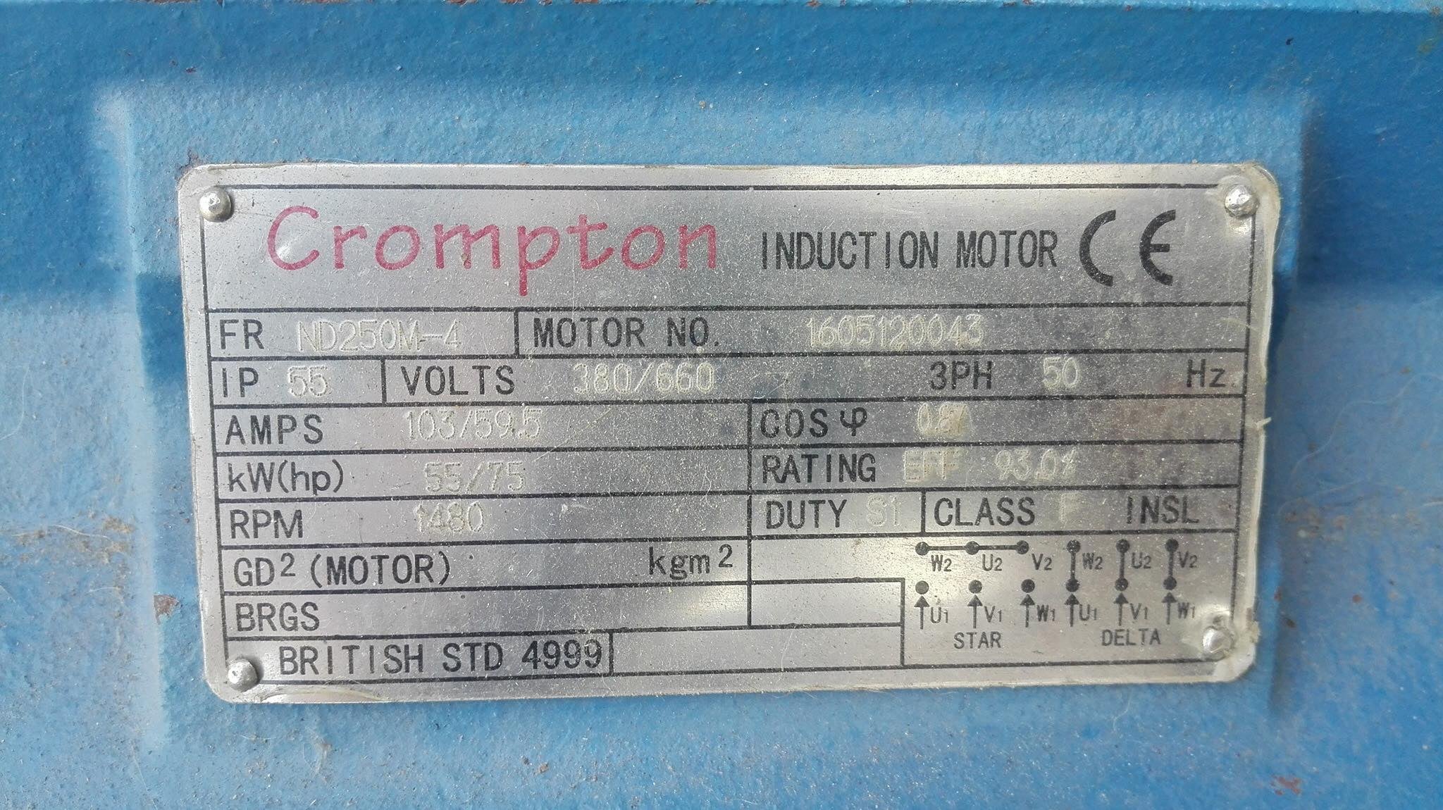 มอเตอร์ไฟฟ้ากำลัง Crompton ขนาด 75 HP 380V 2P (2970 rpm