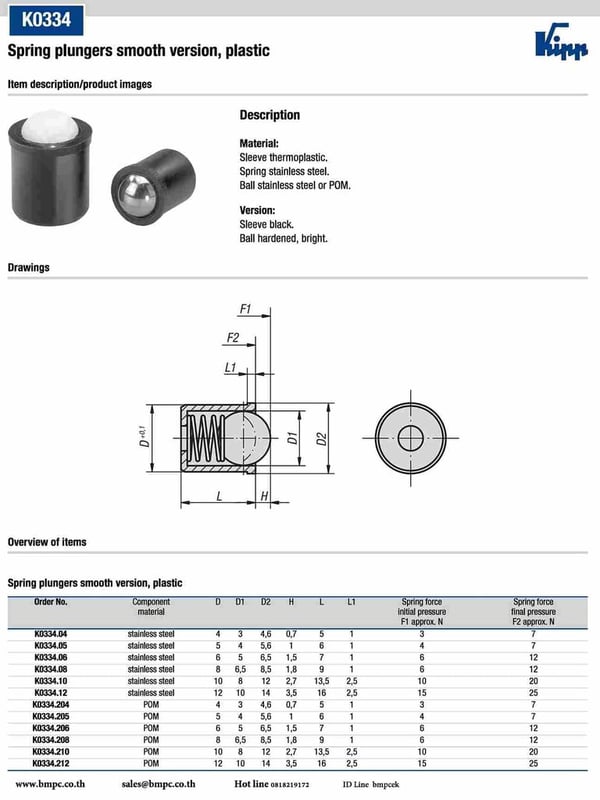Spring plunger Smooth Version, Plastic, Press fit plunger Spring plunger Smooth Version, Plastic, Press fit plunger