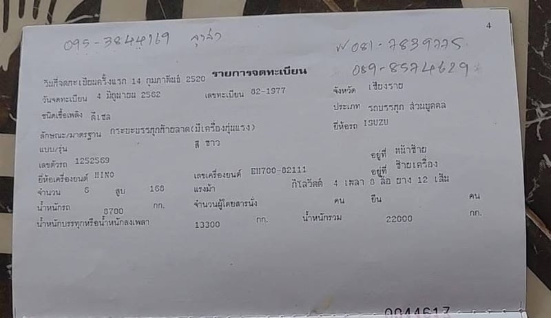 ขาย 185,000รถเทนเล่อร์ 12 ล้อ  ISUZU ใส่หัว HINO เครื่อง HINO EH 700- 168 แรง เพลาเดียว เครื่องเกียร์ HINO  ลงเล่มเรียบร้อย เอกสารทะเบียนขาด 1 ปี  