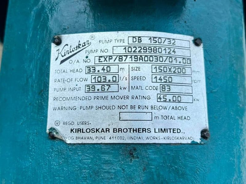 หัวปั้มน้ำหอยโข่ง KIRLOSKAR PUMP ขนาด 8”~ 6”  H : 33 m  Q : 360 m3h ใช้กับมอเตอร์ 60~75 HP เข้ามา 12 ตัว 💥#ของใหม่เก็บสแปยังไม่