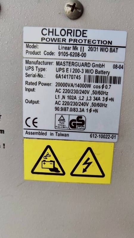 เครื่องสำรองไฟ (UPS) ขนาดใหญ่สำหรับอุตสาหกรรม Linear Mk II (20 kVA) มือสอง อยู่สามโคก ปทุมธานี เครื่องสำรองไฟ (UPS) ขนาดใหญ่สำหรับอุตสาหกรรม Linear Mk II (20 kVA) มือสอง อยู่สามโคก ปทุมธานี