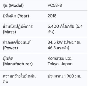 Komatsu PC 58-8 ปี 2018 สภาพพร้อมลุย! งานที่แคบพร้อมลุย