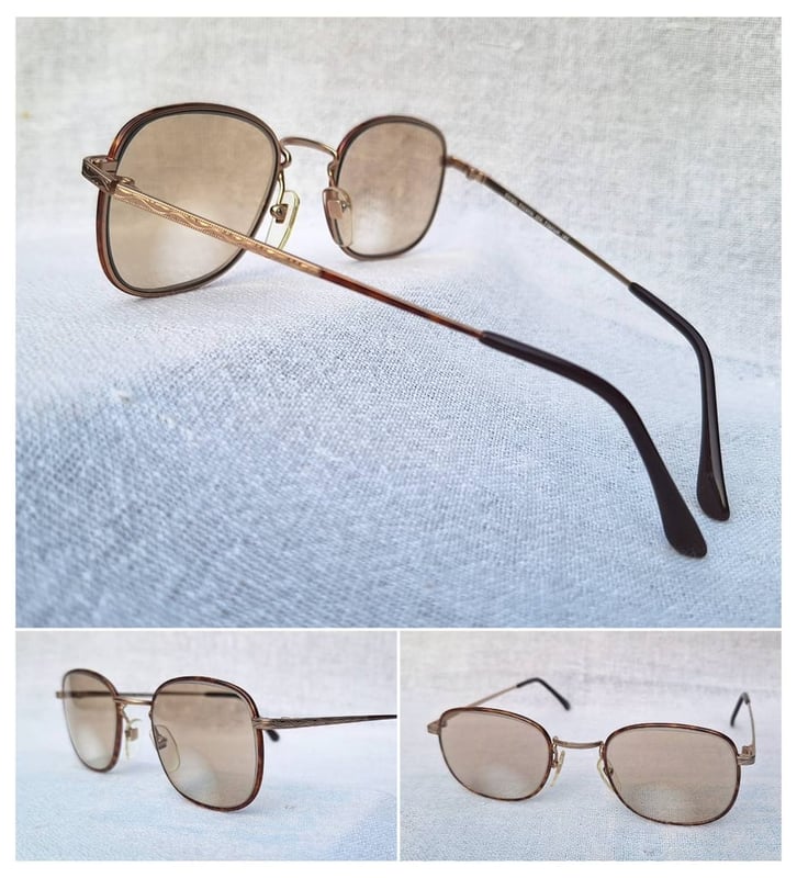 แว่นสายตาแฮนด์คราฟท์–ไบโฟคอลในตำนานศตวรรษที่ 20 จิออร์จิโอ วินเซนเต้–GIORGIO VINCENTE มือหนึ่ง ทศวรรษ 1990 กรอบไทเทเนียมบริสุทธิ์สีทอง โคตรเลนส์กระจกอังกฤษ 2 ชั้น BIVUE ของ ไวส์แมน–อัลก้า ค่าสายตายาว +275 มองไกล +50 ชัดแจ๋วถึงปลายฟ้า ใช้เป็นแว่นกันแดดได้ในตัว ขนาดมาตรฐาน–Standard One Size 138mm