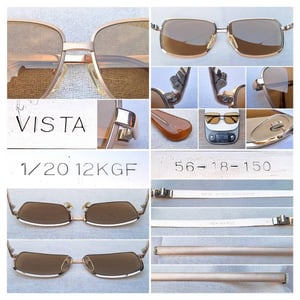 แว่นตาทองคำแท้–หุ้ม 12 KGF สัดส่วนทองคำบริสุทธิ์ 50% แห่งยุคโชวะ วิสต้า–VISTA ตัวแท้ มือหนึ่ง สต็อกเก่าทศวรรษ 1970 โมเดลอมตะ–สี่เหลี่ยม–คลาสสิก โคตรเลนส์กระจกอิตาเลียนวินเทจ ซาฟิโร–SAFILO หายาก สีน้ำตาล–ตอร์ติญ่า มองเห็นดวงตาผู้สวมใส่ ป้องกันรังสี UV 100% น.น.44g ขนาดมาตรฐาน–ใหญ่ 144mm