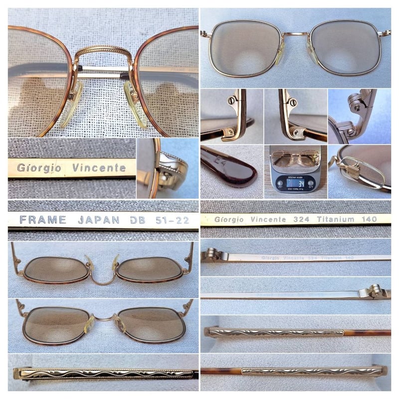 แว่นสายตาแฮนด์คราฟท์–ไบโฟคอลในตำนานศตวรรษที่ 20 จิออร์จิโอ วินเซนเต้–GIORGIO VINCENTE มือหนึ่ง ทศวรรษ 1990 กรอบไทเทเนียมบริสุทธิ์สีทอง โคตรเลนส์กระจกอังกฤษ 2 ชั้น BIVUE ของ ไวส์แมน–อัลก้า ค่าสายตายาว +275 มองไกล +50 ชัดแจ๋วถึงปลายฟ้า ใช้เป็นแว่นกันแดดได้ในตัว ขนาดมาตรฐาน–Standard One Size 138mm