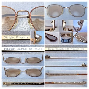 แว่นสายตาแฮนด์คราฟท์–ไบโฟคอลในตำนานศตวรรษที่ 20 จิออร์จิโอ วินเซนเต้–GIORGIO VINCENTE มือหนึ่ง ทศวรรษ 1990 กรอบไทเทเนียมบริสุทธิ์สีทอง โคตรเลนส์กระจกอังกฤษ 2 ชั้น BIVUE ของ ไวส์แมน–อัลก้า ค่าสายตายาว +275 มองไกล +50 ชัดแจ๋วถึงปลายฟ้า ใช้เป็นแว่นกันแดดได้ในตัว ขนาดมาตรฐาน–Standard One Size 138mm