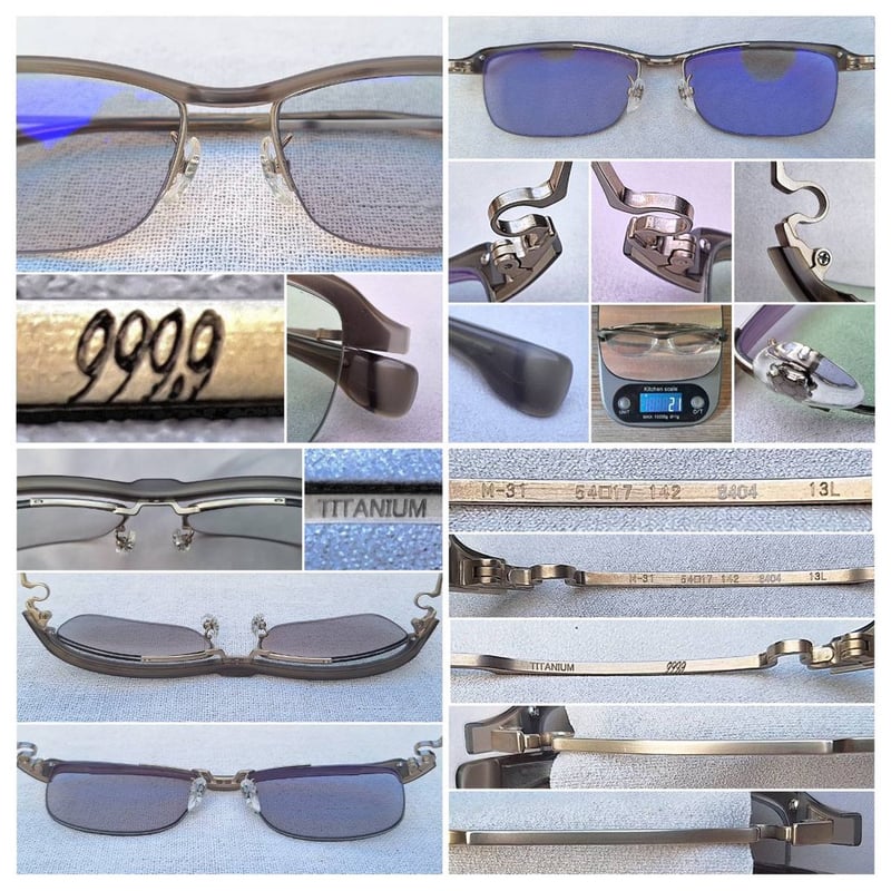 แว่นตาแฮนด์คราฟท์ชั้นสูงของญี่ปุ่น โฟร์นายส์–999.9 รุ่น M–31 ตัวแท้ สภาพเทพ คอลเลคชันฤดูใบไม้ผลิ ค.ศ.2014 กรอบไทเทเนียมบริสุทธิ์+เซลูโลสโพรพิโอเนต–CP เลนส์ออโต้โพลีคาร์บอเนท ปรับสีอัตโนมัติ ป้องกัน UV100% บานพับ Gyaku–R ลิขสิทธิ์ของโฟร์นายส์ น.น.เบาพิเศษ 21g ขนาดมาตรฐาน–Standard One Size 147mm