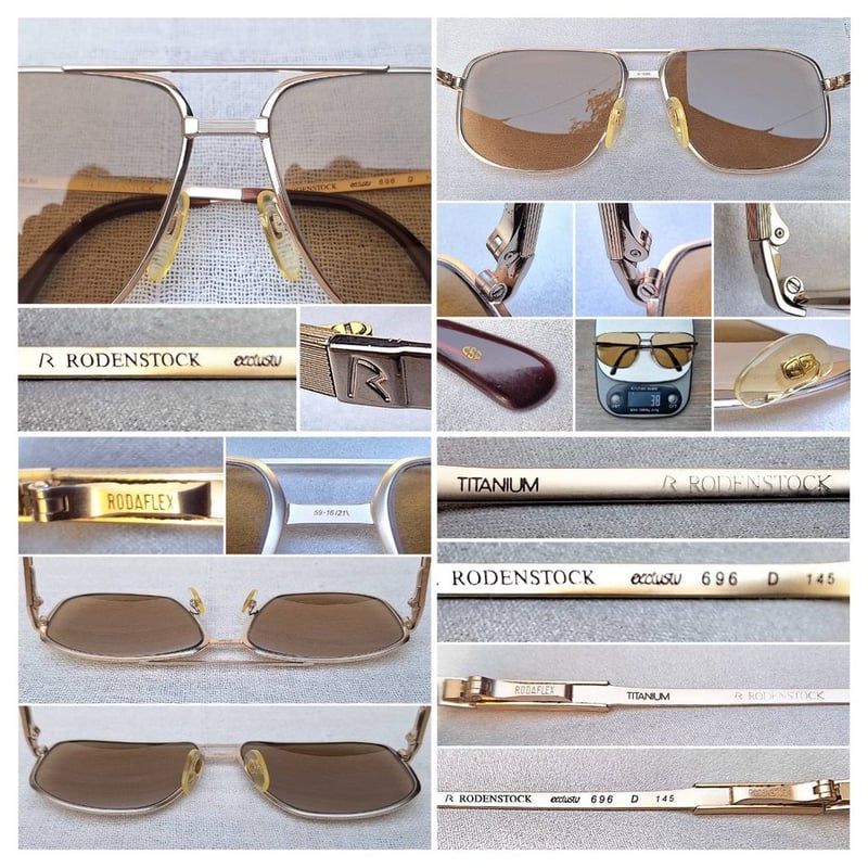 แว่นตาเทพเจ้าของชาวเยอรมัน โรเดนสต็อค–RODENSTOCK รุ่นพิเศษ–เอ็กซ์คิวซีฟ ซีรีส์ 696 ตัวแท้ สภาพเทพ เก่าเก็บทศวรรษ 1990 กรอบไทเทเนียมบริสุทธิ์สีทอง โคตรเลนส์กระจกอิตาเลียนวินเทจ ซาฟิโร–SAFILO หายาก สีน้ำตาล–ตอร์ติญ่า บานพับสปริงหลัง–Rodaflex ลิขสิทธิ์ของโรเดนสต็อค น.น.38g ขนาดมาตรฐานโมเดลนี้ 147mm
