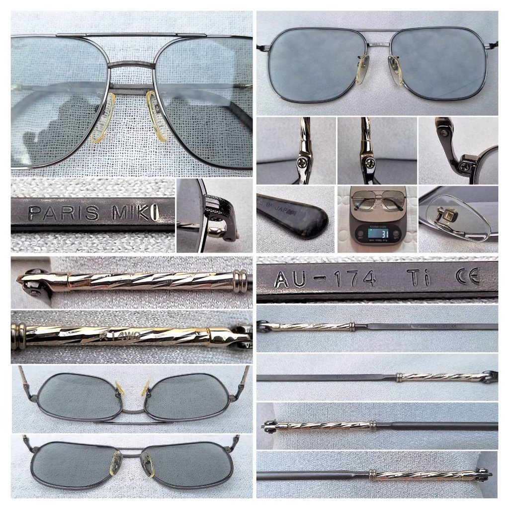 แว่นตาไทเทเนียมบริสุทธิ์เกรดพรีเมียมประดับแท่งทองขาวเนื้อตัน–Solid White Gold K14 เนื้อทองคำบริสุทธิ์ล้ำค่า 58.5% ปารีส มิกิ–PARIS MIKI ตัวแท้ สภาพเทพ เก่าเก็บทศวรรษ 1980 เลนส์กระจกคริสตัลญี่ปุ่น ทิลโก้–TILCO by T.T. Lens Co., Ltd น.น.31g ขนาดมาตรฐาน–Standard One size 138mm สวมใส่ได้ทุกขนาดใบหน้า