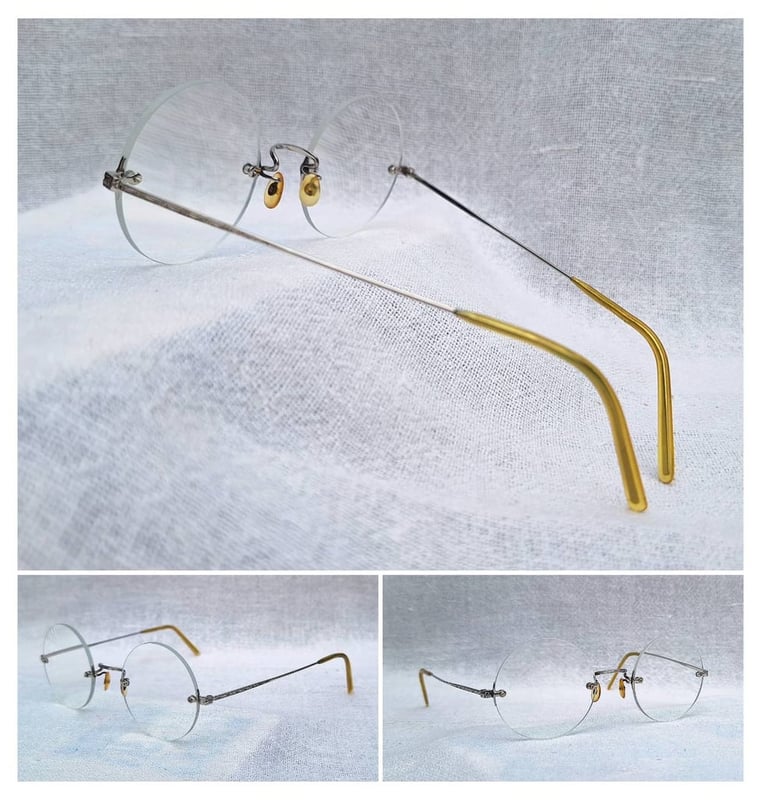 แว่นตาแฮนด์คราฟท์–หยดน้ำกลม–ไร้กรอบยุคโชวะ ราคานักศึกษา ป.โท เจแปนิสริมเลส–JAPANESE RIMLESS GLASSES 1950s เฟรมวัสดุคลาสสิก SPM Sun Platinum Metal–โลหะแพลทินัมแสงตะวัน เลนส์บลูโพรเทค มัลติโค้ท ค่าสายตา +200 ป้องกันแสงสีฟ้าที่อันตรายจากคอมพิวเตอร์ทุกชนิด ขนาดมาตรฐานโมเดลนี้120mm สวมใส่ได้ทุกขนาดใบหน้า