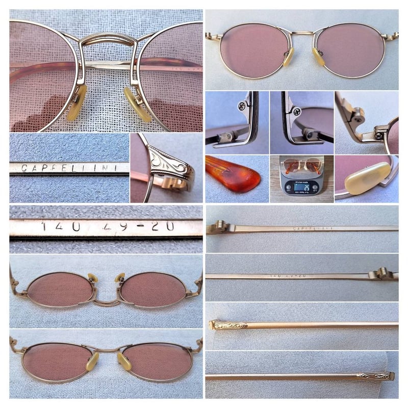 แว่นตาอิตาเลียนอาร์ติสท์–หยดน้ำแพนโต้–จอห์น เลนนอน ในตำนานศตวรรษที่ 20 คาเปลลินี–CAPPELLINI ตัวแท้ สภาพเทพ เก่าเก็บทศวรรษ 1990 กรอบโลหะสีทองเดินลาย เลนส์กระจกคริสตัลฝรั่งเศส หายาก สีกลีบบัว มองเห็นดวงตาผู้สวมใส่ ป้องกัน UV100% น.น.25g ขนาดมาตรฐานโมเดลนี้–Standard One Size137mm สวมใส่ได้ทุกขนาดใบหน้า