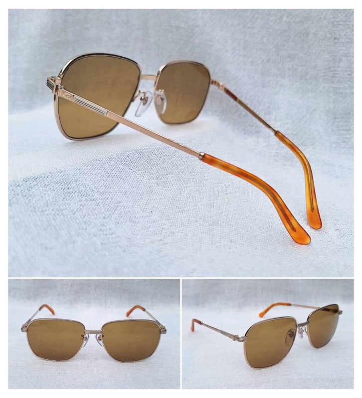 แว่นตาปารีเซียนลักซ์ชัวรีแบรนด์เก่าแก่ 154 ปี เอส.ที.ดูปองท์–S.T.DUPONT ตัวแท้ สภาพเทพ เก่าเก็บปลายทศวรรษ 1980 กรอบทองคำแท้–หุ้ม12KGF สัดส่วนทองคำบริสุทธิ์ 50% เลนส์กระจกคริสตัลญี่ปุ่นคุณภาพสูง UNION COLOR LENS by Union Optical Co., Ltd สีน้ำตาลตอร์ติญ่า ป้องกัน UV100% น.น.36g ขนาดมาตรฐาน 144mm