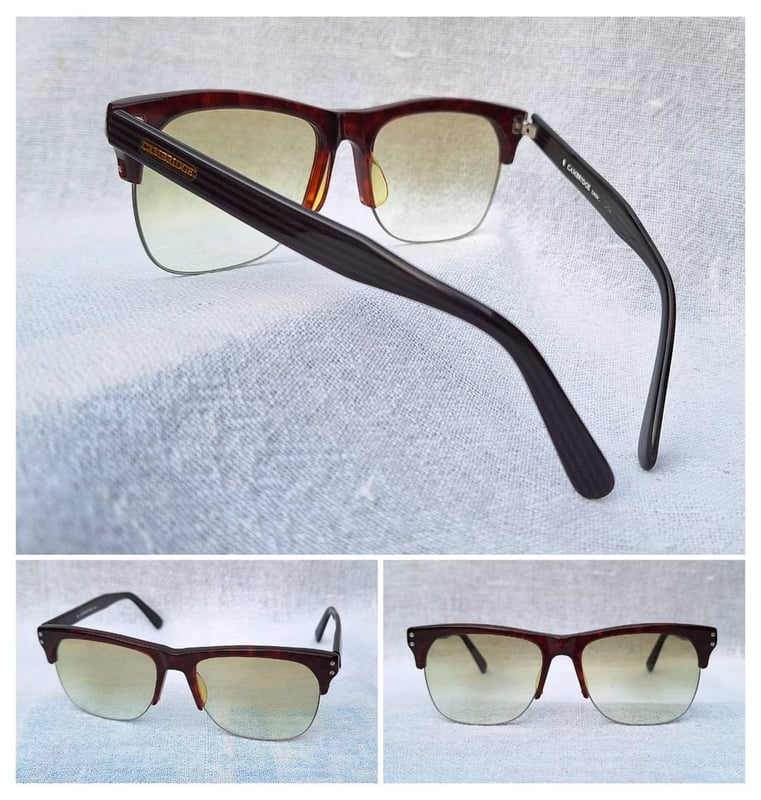 แว่นตาปัญญาชนอังกฤษในตำนานศตวรรษที่ 20 เคมบริดจ์–CAMBRIDGE INIV ตัวแท้ สภาพเทพ เก่าเก็บทศวรรษ 1980 กรอบอะซีเทตเกรดพรีเมียม–ลายกระ โมเดลคลาสสิก–เวย์ฟาเรอร์–ผู้สัญจรบนหนทางไกล เลนส์โพลีคาร์บอเนตกันแดด สีเขียวมะกอก–สว่าง–ไล่ระดับ มองเห็นดวงตาผู้สวมใส่ ป้องกัน UV100% น.น.32g ขนาดมาตรฐานโมเดลนี้ 143mm