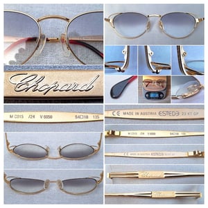 แว่นตาลักซ์ชัวรีแบรนด์สวิสหายากระดับนักสะสม โชปาร์ด–CHOPARD V 6050 กรอบทอง 23KT GP สีน้ำผึ้ง–Honey Gold Frame ประดับอัญมณีทับทิมแท้ 4 เม็ด โอ พระเจ้า.. เลนส์โพลีคาร์บอเนตกันแดด สีเทาท้องฟ้า–ไล่ระดับ มองเห็นดวงตาผู้สวมใส่ ป้องกันรังสี UV 100% ขนาดมาตรฐาน 139mm สวมใส่ได้ทุกขนาดใบหน้า