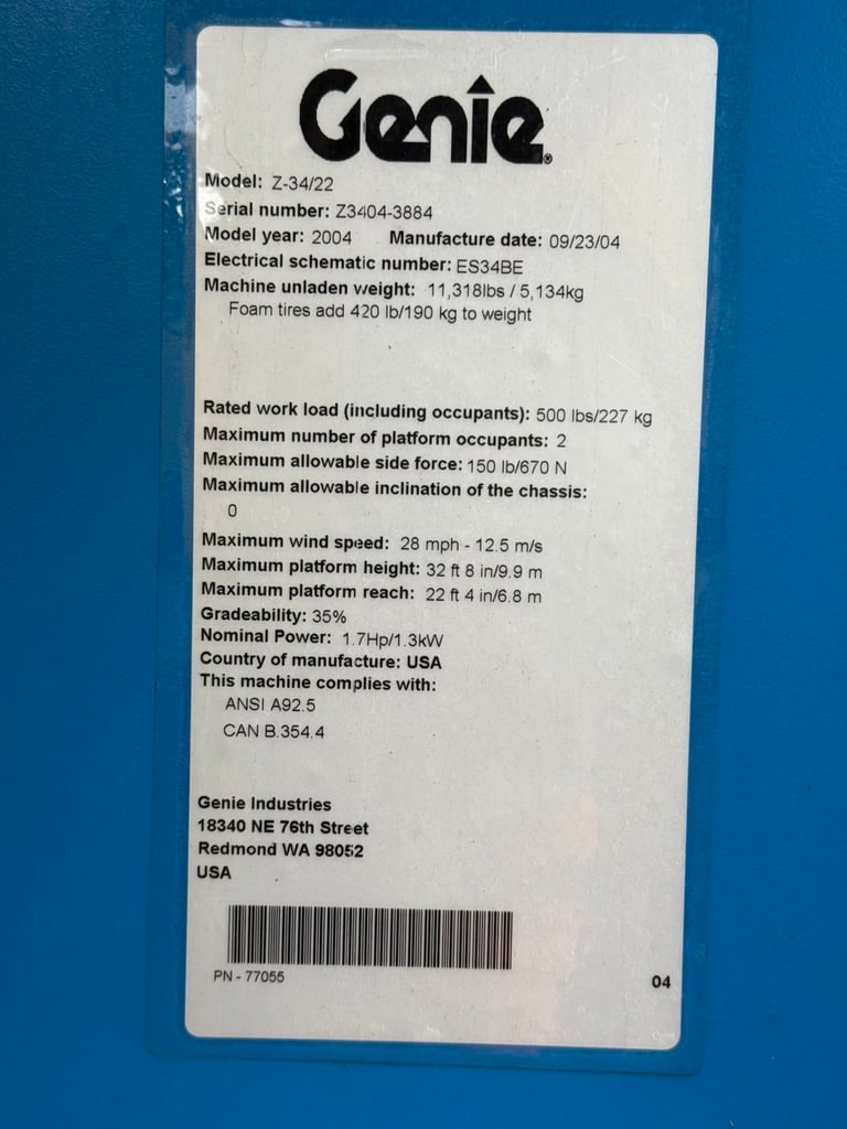 รถกระเช้าทำงานได้สูง 12.52เมตร GENIE Z34-22 ทำงานได้2ระบบ (ทั้งไฟฟ้าและเครื่องยนต์) นำเข้าจากยี่ปุ่น 