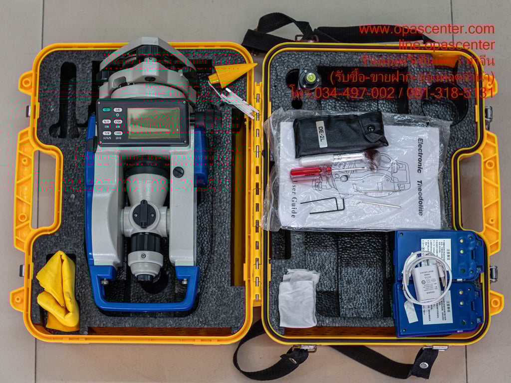 กล้องวัดมุม PRECISION รุ่น DE-2L (มีเลเซอร์ชี้เป้า), กําลังขยายของเลนส์ 30 เท่า มือสอง ของแท้ สภาพใหม่ พร้อมกล่อง ขาตั้ง Topcon TP110