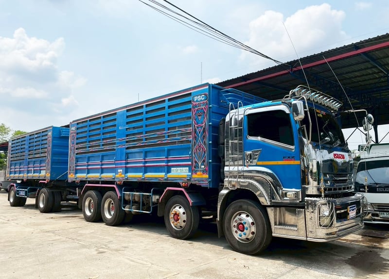 รถบรรทุก 12 ล้อดั้ม น้ำเงิน รับทรัพย์ ISUZU FYH 360 แรง ปี 58 พร้อมลูกพ่วง ดั้ม 2 คาน ปี 43 