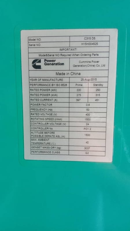 เครื่องปั่นไฟคัมมิ่นส์ มือสอง ขนาด325Kva stb