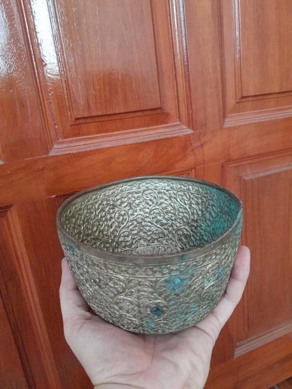 ขันกะไหล่เงิน โบราณ งานมือ เก่าเก็บ ขนาด5.5นิ้ว