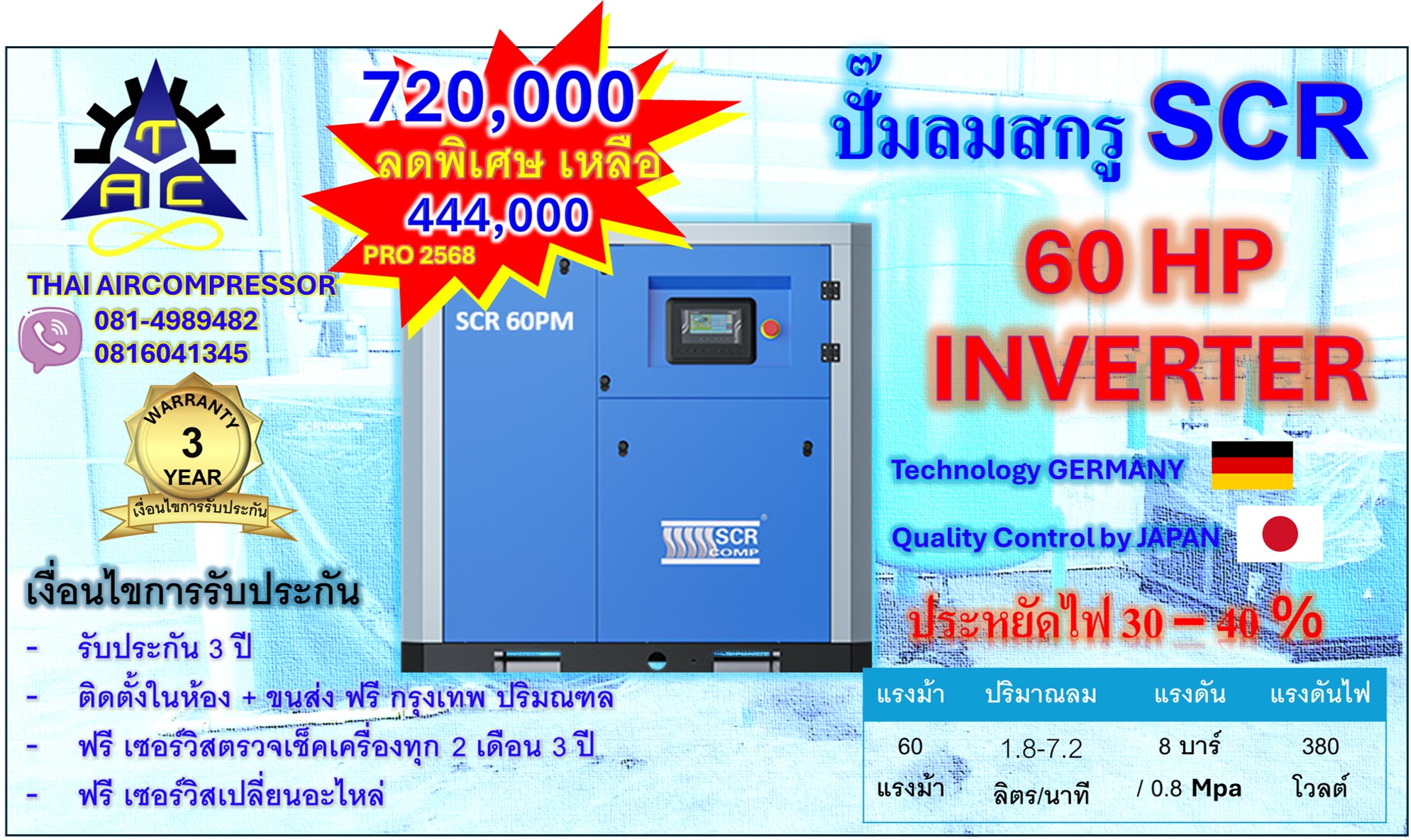 ปั๊มลม สกรู 60 HP ยี่ห้อ SCR 60PM INVERTER GERMANY ประหยัดพลังงาน 30 - 40 เปอร์เซนต์