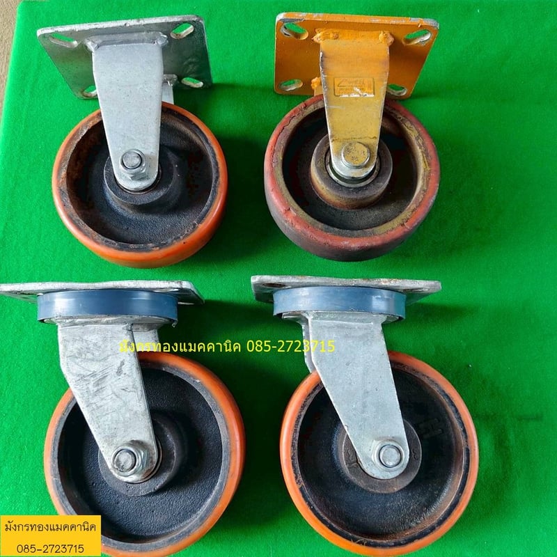ลูกล้อโพลียูรีเทน ขนาด 6 นิ้ว ล้อหมุน 2 ล้อ โครงล้อหนามาก แข็งแรง รับน้ำหนักได้ดี ยางยังสภาพดี มีรอยการใช้งาน 