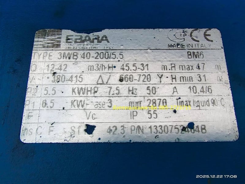 **งานสวยๆ มาแล้วค่า** ปั๊มน้ำแรงดัน Ebara หัวปั๊มสแตนเลส ขนาด 7.5 แรง ใช้ไฟสามเฟส 380V ท่อน้ำเข้า 2.5 นิ้ว ออก 1.5 นิ้ว ส่งสูง 47 เมตร ได้ปริมาณน้ำ 700 ลิตรต่อนาที  สภาพสวย เดิมๆ ลองน้ำแล้วแรงจัด เก็บงานให้หมดแล้วพร้อมใช้งาน ราคา 12,500 บาทไม่รวมส่ง