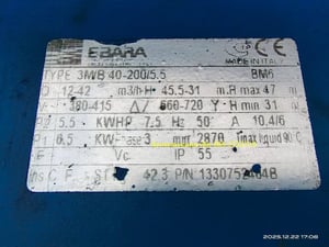 **งานสวยๆ มาแล้วค่า** ปั๊มน้ำแรงดัน Ebara หัวปั๊มสแตนเลส ขนาด 7.5 แรง ใช้ไฟสามเฟส 380V ท่อน้ำเข้า 2.5 นิ้ว ออก 1.5 นิ้ว ส่งสูง 47 เมตร ได้ปริมาณน้ำ 700 ลิตรต่อนาที  สภาพสวย เดิมๆ ลองน้ำแล้วแรงจัด เก็บงานให้หมดแล้วพร้อมใช้งาน ราคา 12,500 บาทไม่รวมส่ง