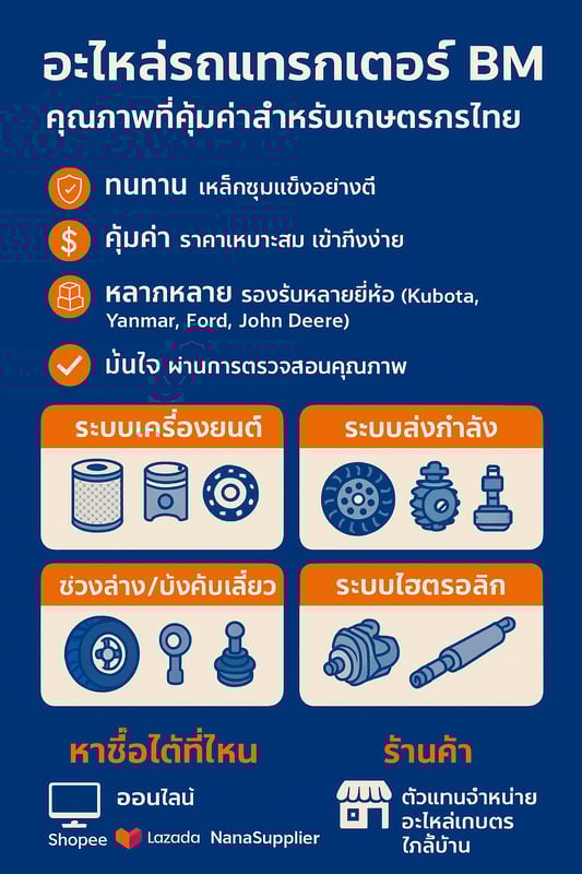 อะไหล่รถแทรกเตอร์ แบรนด์ BM (บี.เอ็ม.) มีชื่อเสียงในด้านคุณภาพที่ดี ทนทาน และราคาย่อมเยา